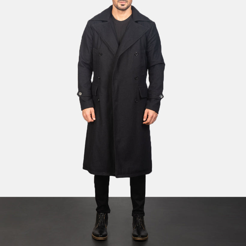 Detective 黑色 Wool 真皮大衣 男士