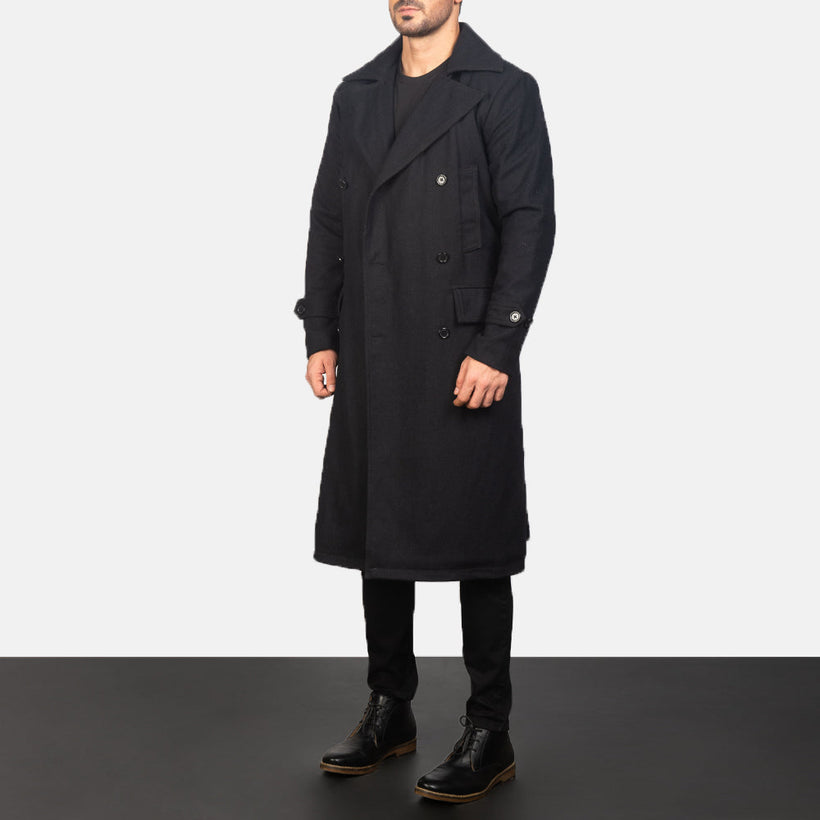 Detective 黑色 Wool 真皮大衣 男士