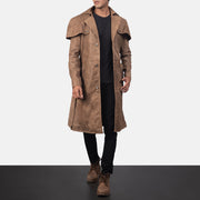 
Deux 复古棕 Leather Duster 男士 in Distressed Brown Semi-Aniline Snuffed - 正面版型与定制立体剪裁轮廓 | 官方商城选购