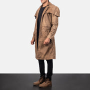 
Distressed Brown Semi-Aniline Snuffed Trench Coat - 展现肩线贴合与利落下摆的背部视角