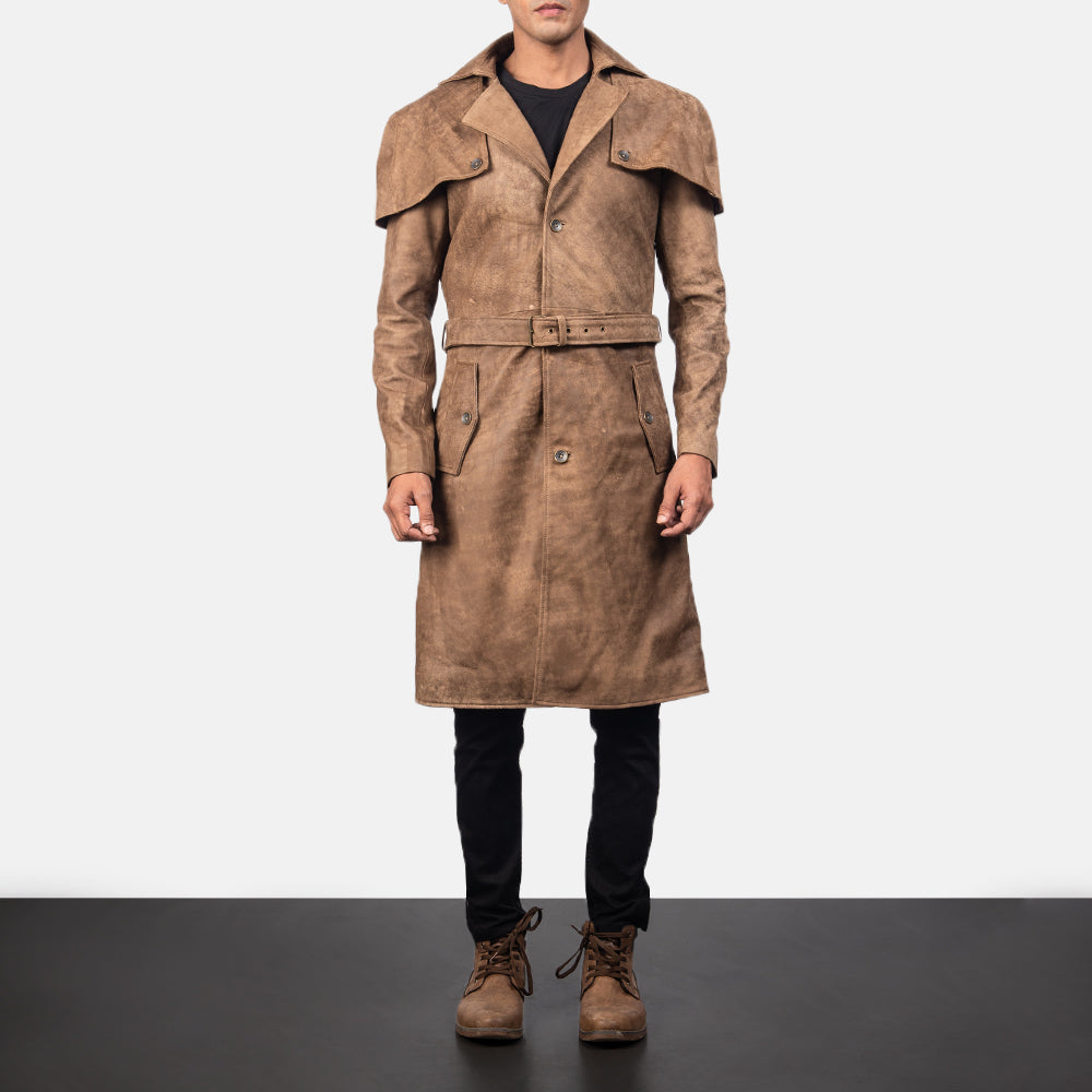 Close-Up Detail of Classic Collar & Buttons + Belt Hardware on Men's Deux Brown Leather Duster