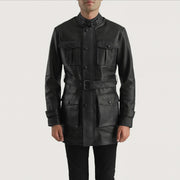 Close-Up Detail of High neck with Belt &amp; Snap button Hardware on Dolf 黑色 真皮夹克 男士
