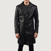 Men's Don Long 黑色 真皮大衣 男士 - Lateral Side Profile View Showing Sleeve Cut &amp; Athletic Taper Fit