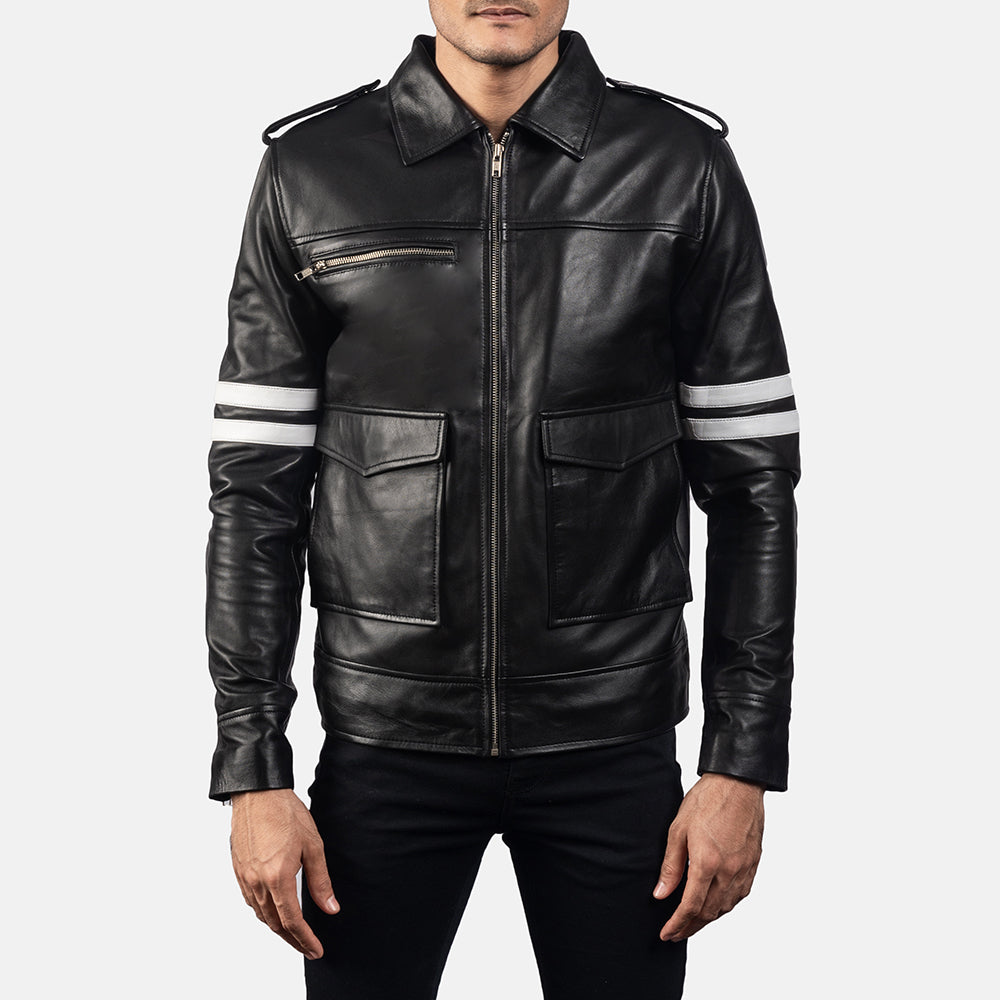 Dragonhide 黑色 真皮夹克 男士 in Black Sheepskin Leather - Front Profile View &amp; Tailored Silhouette | Buy Online