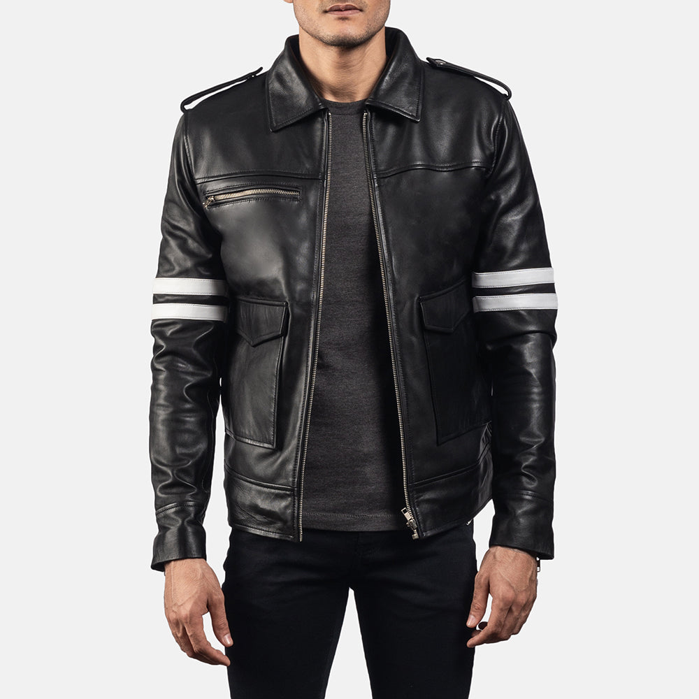 Dragonhide 黑色 真皮夹克 男士 - Lateral Side Profile View Showing Sleeve Cut &amp; Athletic Taper Fit