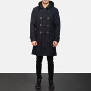 Close-Up Detail of Shirt with Removable Hood &amp; Toggle Buttons with Placket &amp; Zipper Hardware on Men's Drake Black Wool Duffle Coat