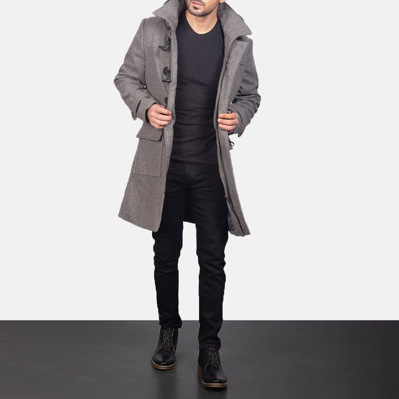 Drake Grey Wool Hooded Duffle 真皮大衣 男士
