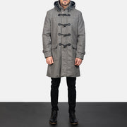 Men's Grey Wool Duffle Coat - Lateral Side Profile View Showing Sleeve Cut &amp; Athletic Taper Fit