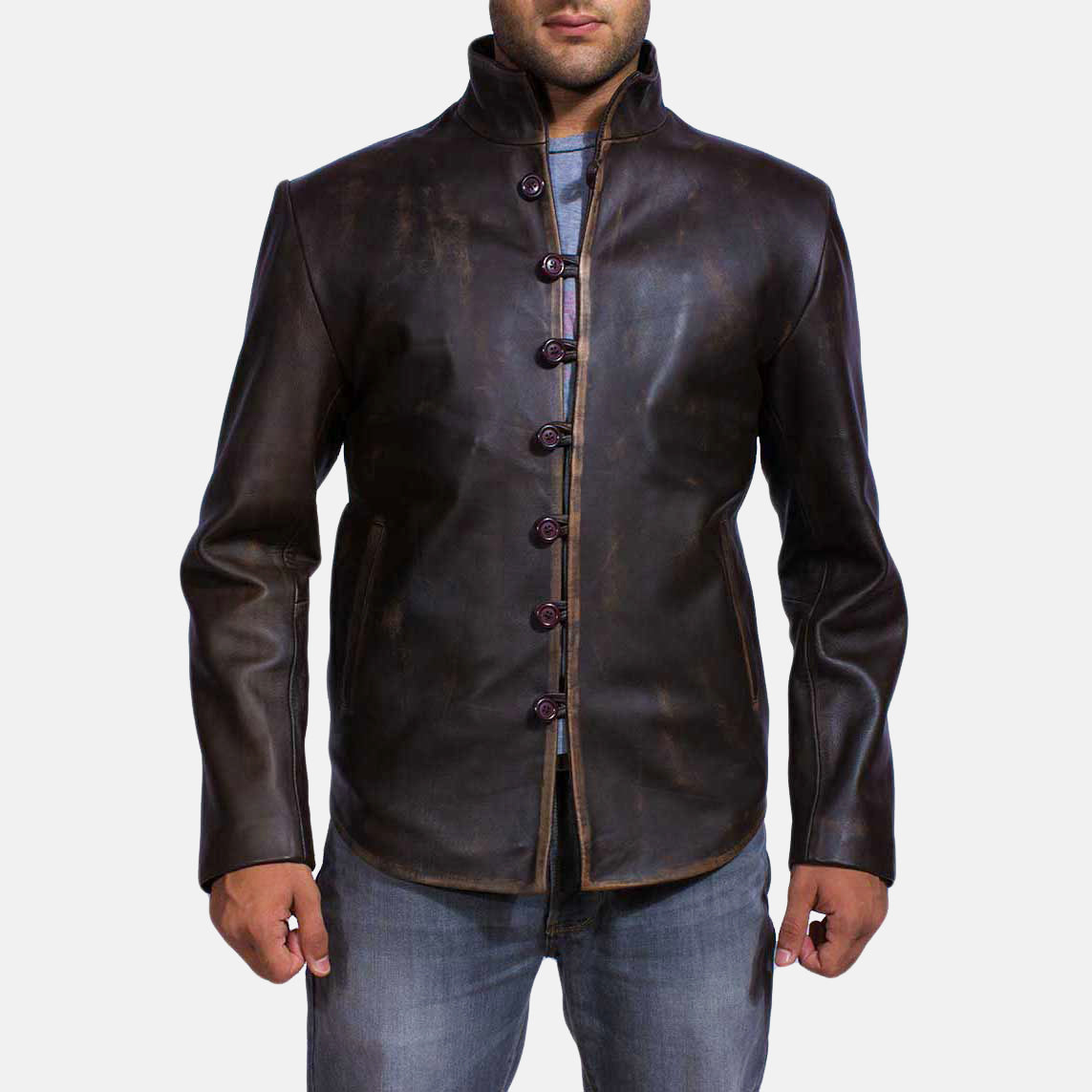 Men's Drakeshire 棕色 真皮夹克 男士 in Distressed Brown Goatskin Leather - Front Profile View &amp; Tailored Silhouette | Buy Online