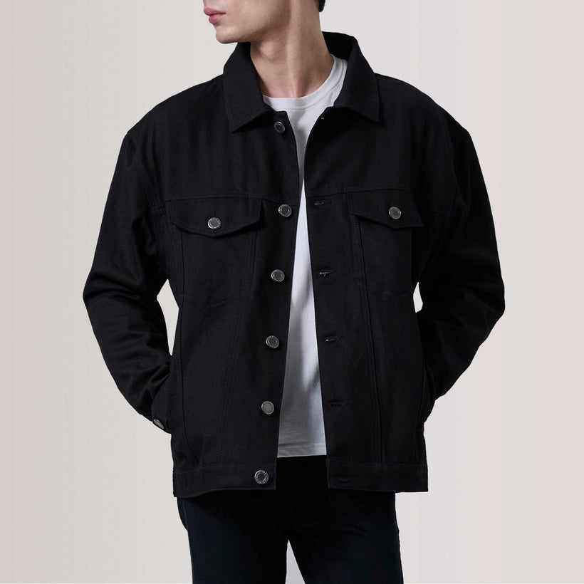 Eddie 经典黑 Oversized Denim Trucker 真皮夹克 男士