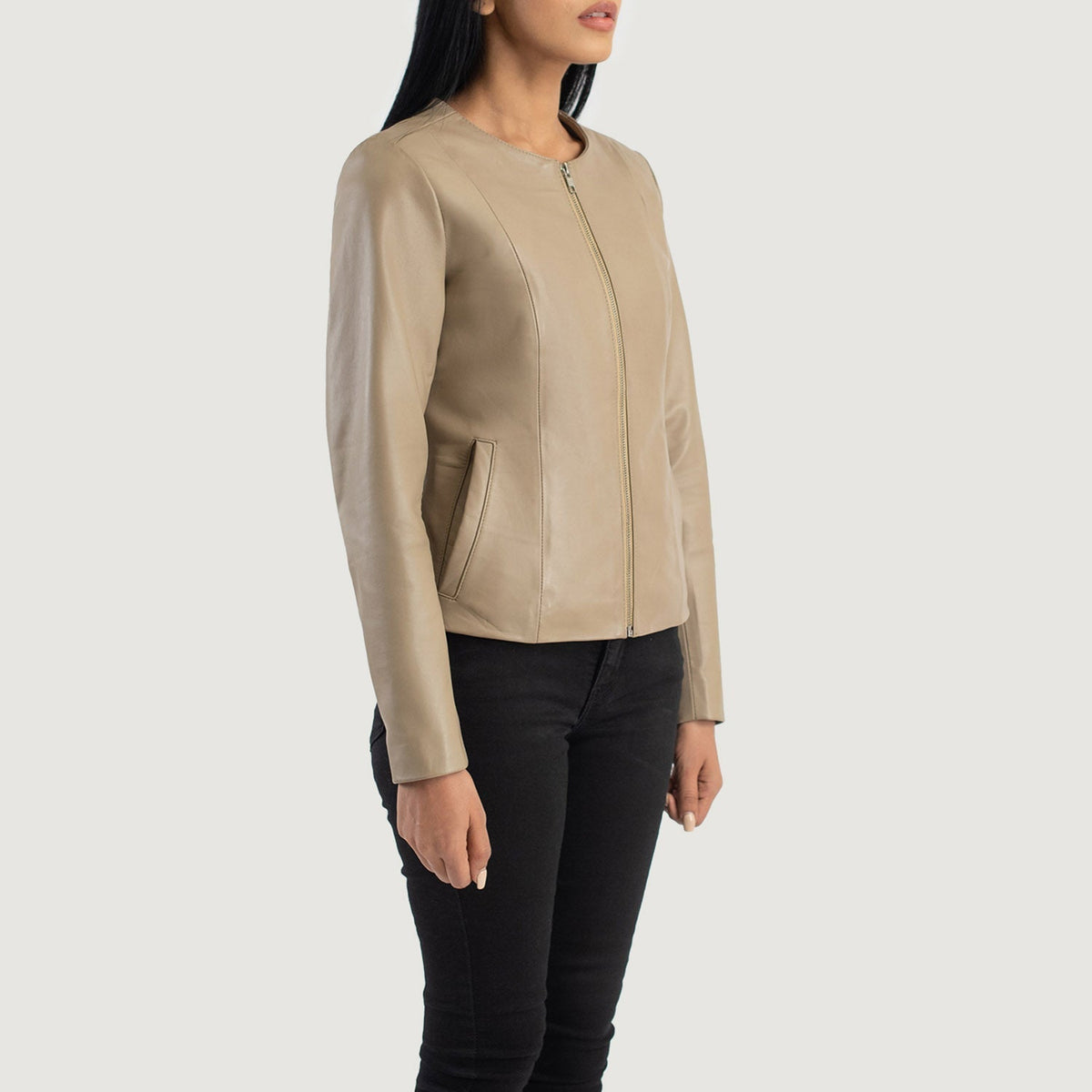 Beige Sheepskin Leather Biker Jacket - Back View Showing Tailored Shoulder Fit &amp; Clean Hemline