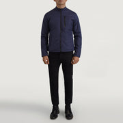 Elliot Blue Lightweight 真皮夹克 男士 - Lateral Side Profile View Showing Sleeve Cut &amp; Athletic Taper Fit