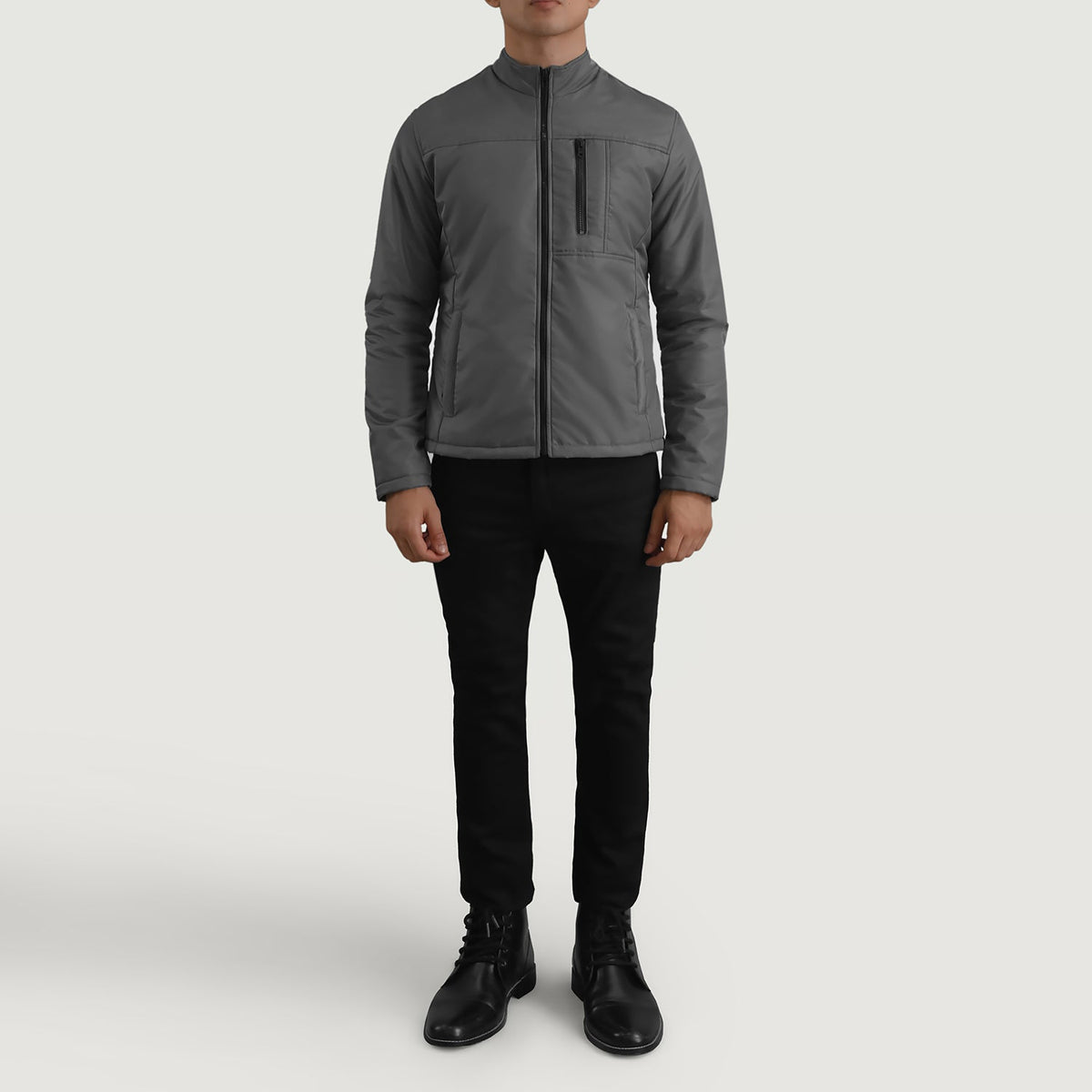 Elliot Grey Lightweight 真皮夹克 男士 - Lateral Side Profile View Showing Sleeve Cut &amp; Athletic Taper Fit