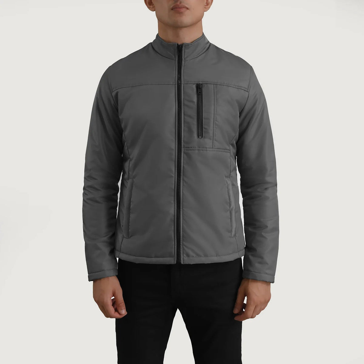 Close-Up Detail of Classic Collar &amp; Zipper Hardware on Elliot Grey Lightweight 真皮夹克 男士
