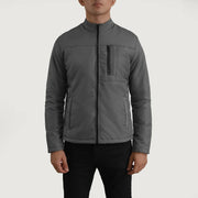 Close-Up Detail of Classic Collar &amp; Zipper Hardware on Elliot Grey Lightweight 真皮夹克 男士