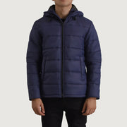 Erico Blue Hooded Puffer 真皮夹克 男士 in Blue Full-Grain Leather - Front Profile View &amp; Tailored Silhouette | Buy Online