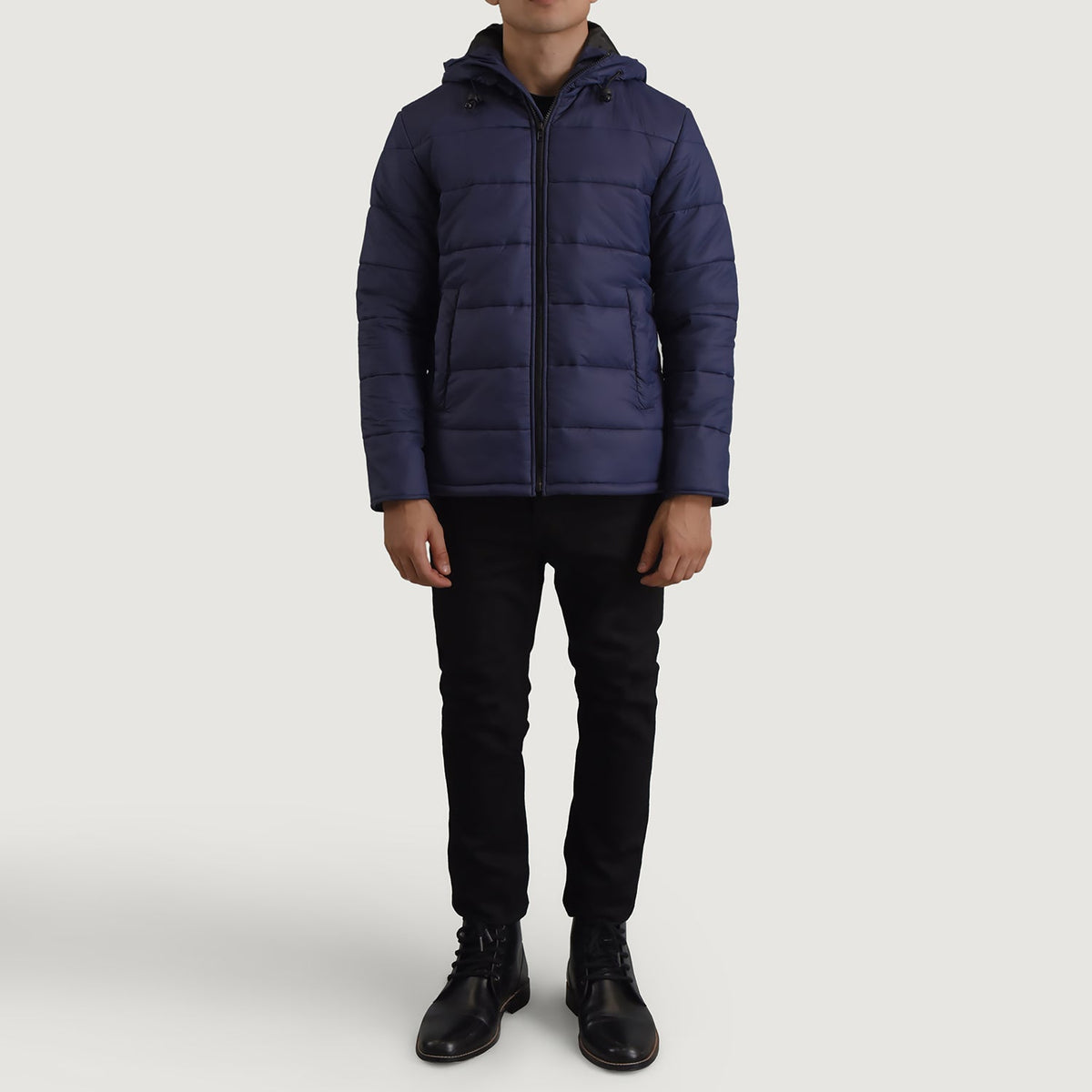 Erico Blue Hooded Puffer 真皮夹克 男士 - Lateral Side Profile View Showing Sleeve Cut &amp; Athletic Taper Fit