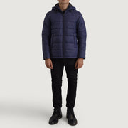 Erico Blue Hooded Puffer 真皮夹克 男士 - Lateral Side Profile View Showing Sleeve Cut &amp; Athletic Taper Fit