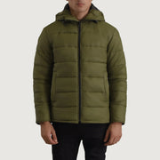 
Erico 墨绿色 Hooded Puffer 真皮夹克 男士 in Green Full-Grain Leather - 正面版型与定制立体剪裁轮廓 | 官方商城选购