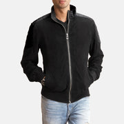 Men's Ethan Hybrid Suede 真皮飞行员夹克 男士 in Black Goatskin Suede - Front Profile View &amp; Tailored Silhouette | Buy Online