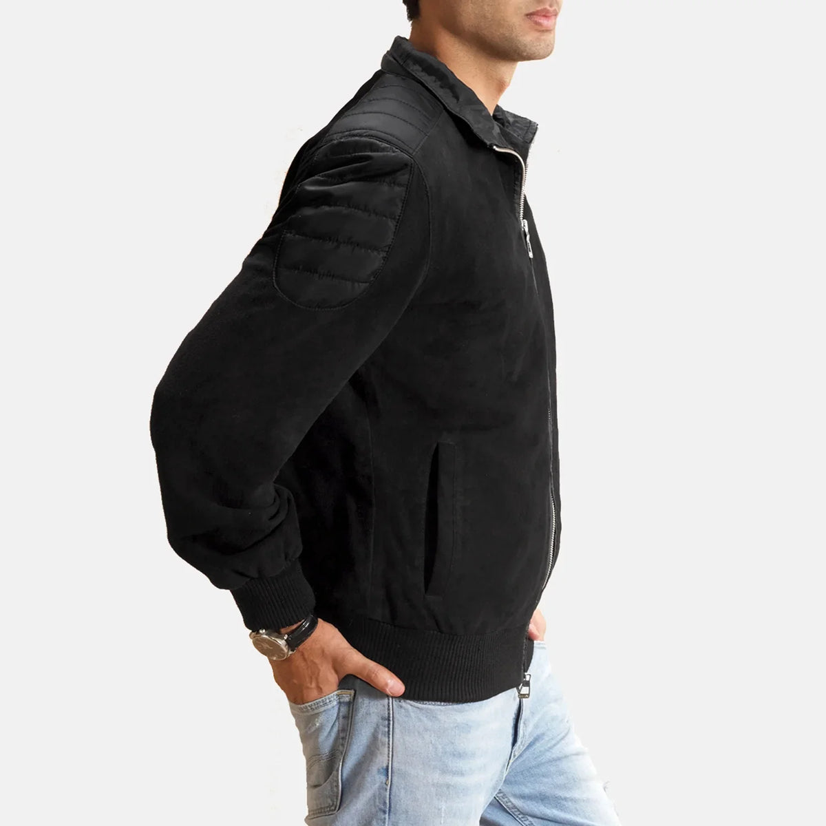 Black Goatskin Suede Bomber Jacket - Back View Showing Tailored Shoulder Fit &amp; Clean Hemline
