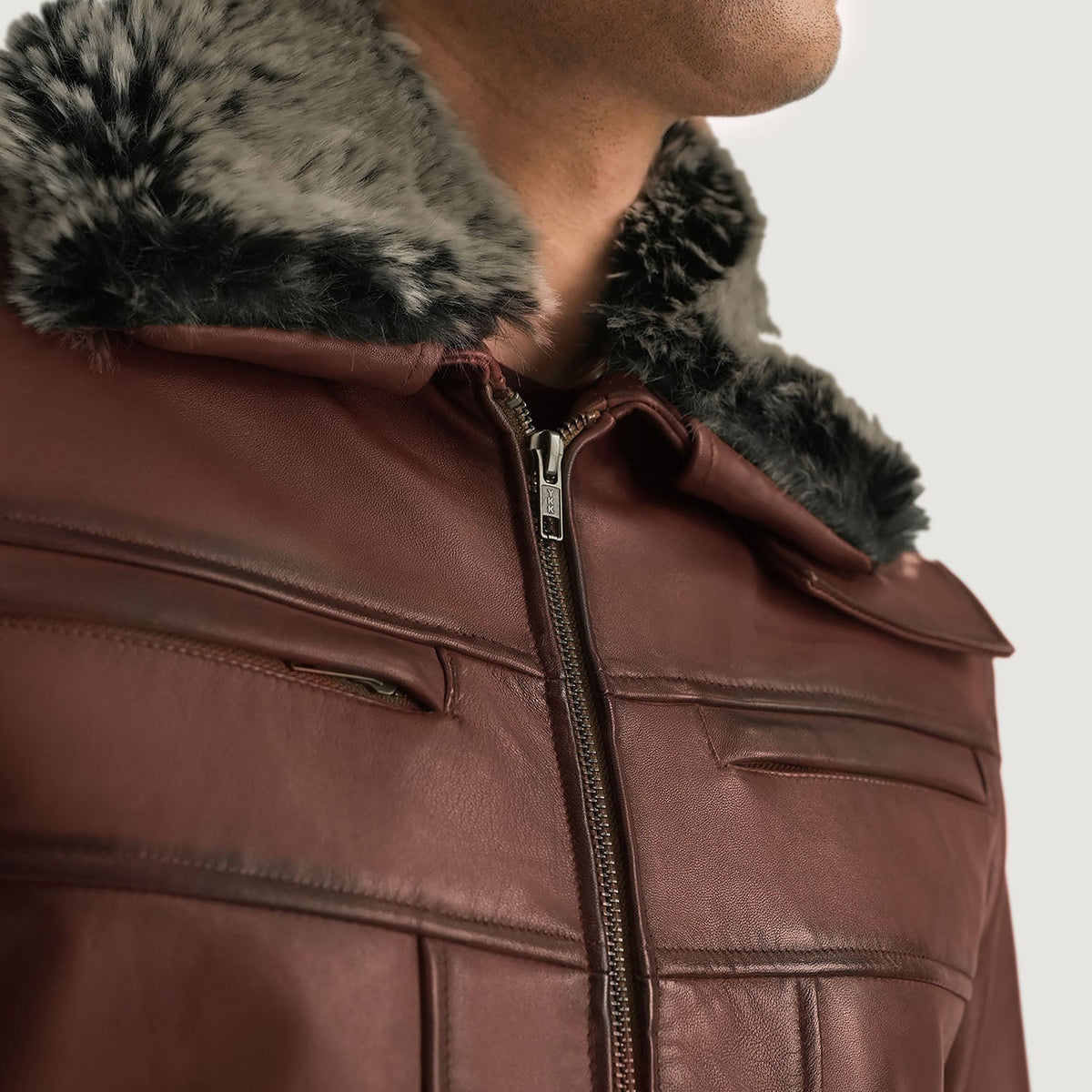 Men's Evan Hart Fur 棕色 真皮夹克 男士 - Lateral Side Profile View Showing Sleeve Cut &amp; Athletic Taper Fit