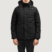Exton Black Hooded Down Puffer Jacket in Black Full-Grain Leather - Front Profile View & Tailored Silhouette | Buy Online