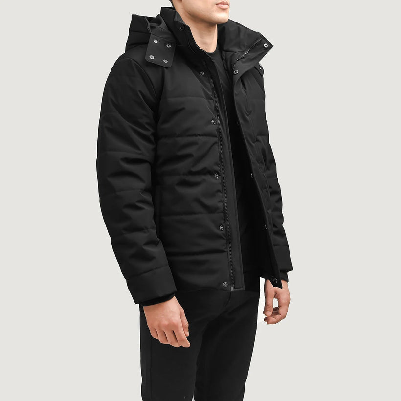 Exton 经典黑 Hooded Down Puffer 真皮夹克 男士