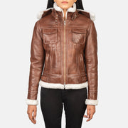 
Fiona Brown Hooded Shearling Leather Jacket in Brown Sheepskin Snuffed - 正面版型与定制立体剪裁轮廓 | 官方商城选购