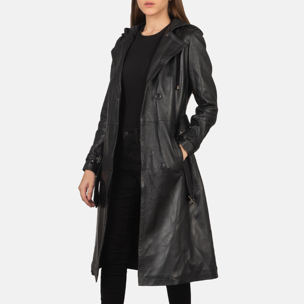 Women's Fixon Hooded Black Trench Coat in Black Sheepskin Leather - Front Profile View & Tailored Silhouette | Buy Online