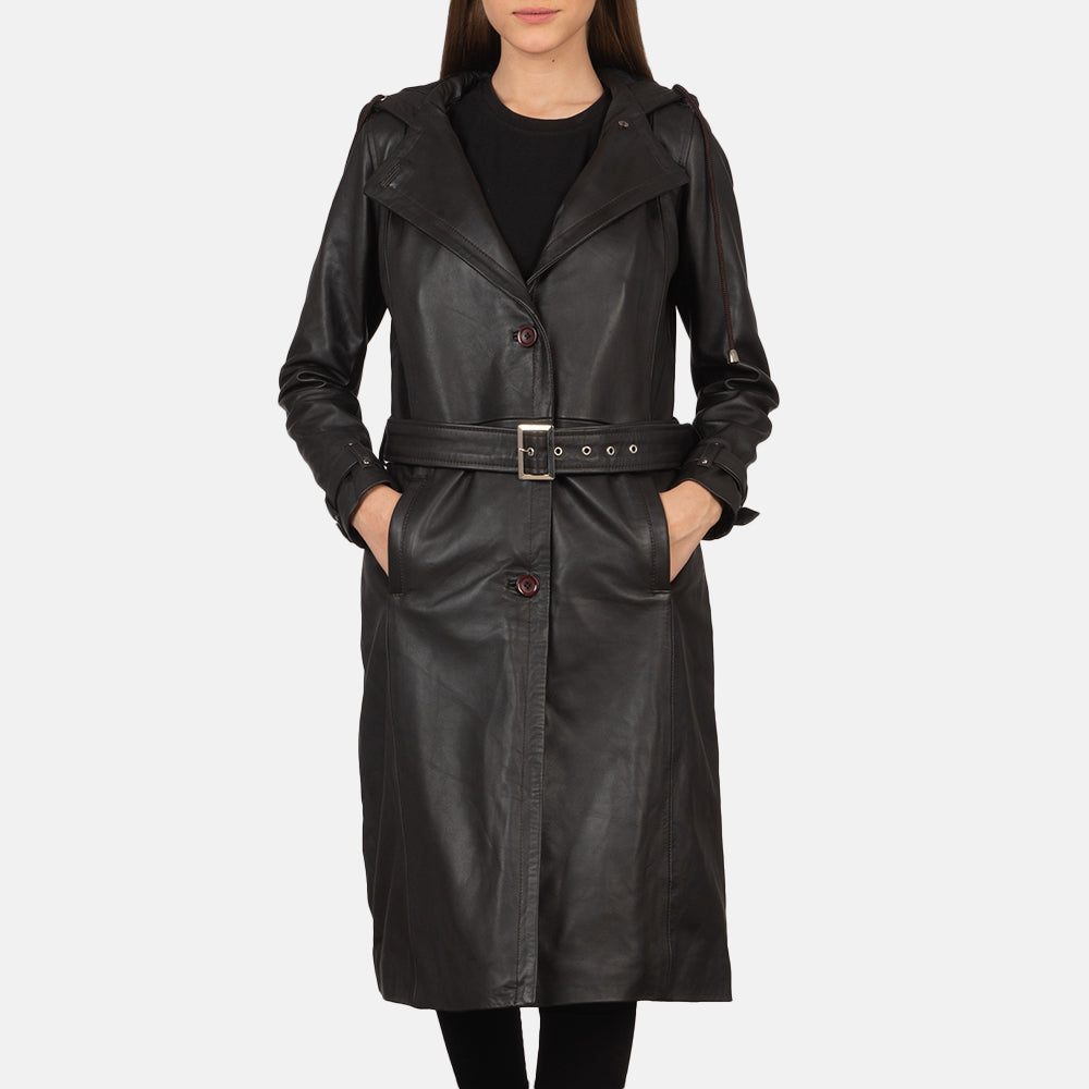 Fixon Hooded Brown Trench Coat in Brown Sheepskin Leather - 正面版型与定制立体剪裁轮廓 | 官方商城选购