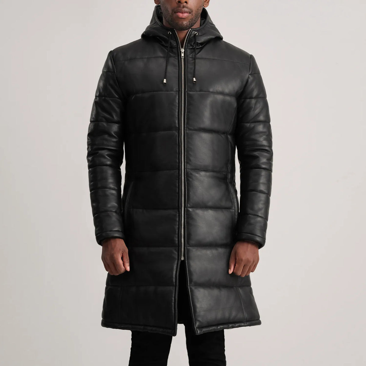 
细节特写 of Hooded & Zipper Hardware on Floyd Tan Hooded Leather Puffer Coat