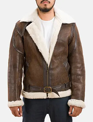 Men's Forest Double Face 羊羔毛一体皮夹克 男士 in Distressed Brown Sheepskin Leather - Front Profile View &amp; Tailored Silhouette | Buy Online
