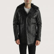 Men's Furcliff 黑色 真皮大衣 男士 in Black Sheepskin Leather - Front Profile View &amp; Tailored Silhouette | Buy Online
