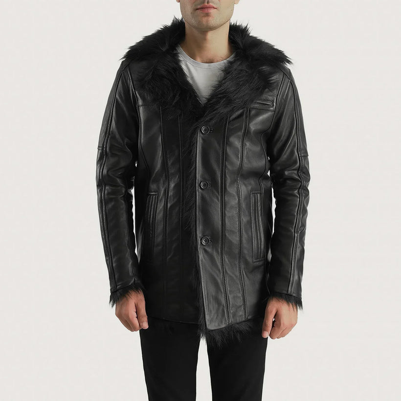 Men's Furcliff Black Leather Coat in Black Sheepskin Leather - Front Profile View & Tailored Silhouette | Buy Online