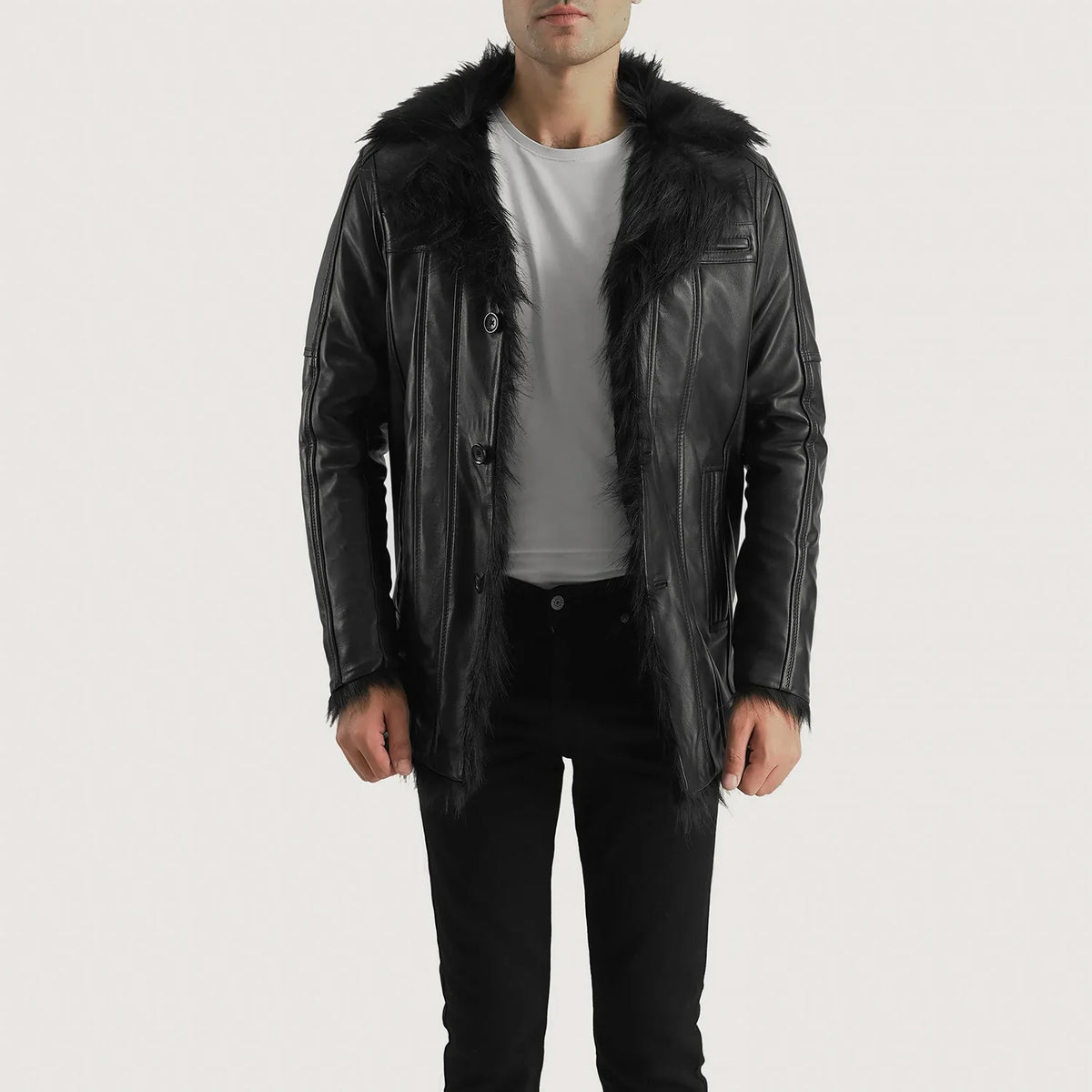 Men's Furcliff 黑色 真皮大衣 男士 - Lateral Side Profile View Showing Sleeve Cut &amp; Athletic Taper Fit