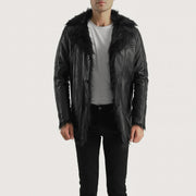 Men's Furcliff 黑色 真皮大衣 男士 - Lateral Side Profile View Showing Sleeve Cut &amp; Athletic Taper Fit