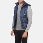 
Blue Nylon (Water-Resistant) Leather Vest - 展现肩线贴合与利落下摆的背部视角