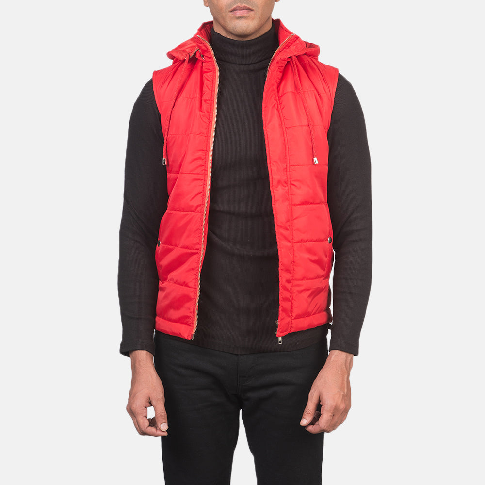 
Fuston 中国红 连帽羽绒夹棉马甲 男士 in Red Nylon - 正面版型与定制立体剪裁轮廓 | 官方商城选购