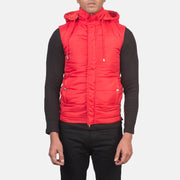 
细节特写 of Band with Removable Hood & Zipper with dual puller and wind flap Hardware on Fuston 中国红 连帽羽绒夹棉马甲 男士