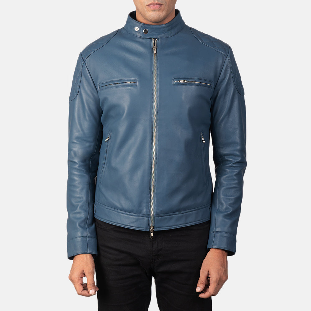 Men's Gatsby Quilted Blue Leather Biker Jacket - Lateral Side Profile View Showing Sleeve Cut &amp; Athletic Taper Fit