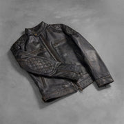 Zipper &amp; Hem Craftsmanship Construction Detail on Men's Gatsby Quilted Distressed Brown Leather Jacket