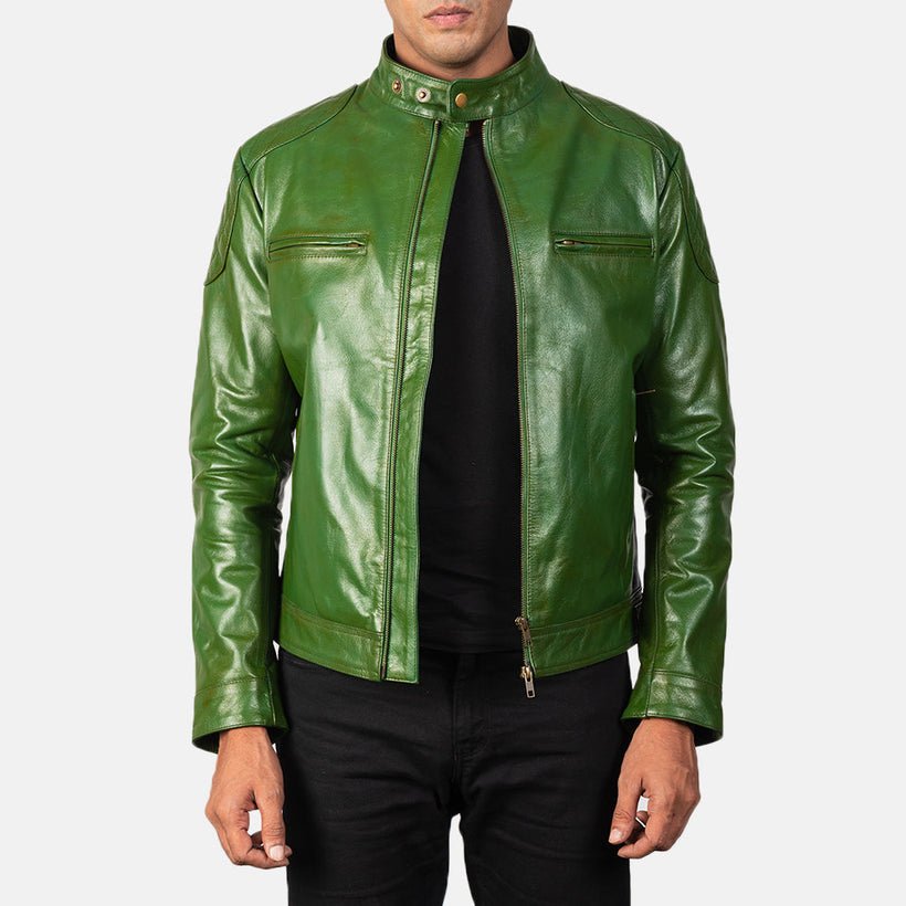 Men's Gatsby Quilted Green Leather Biker Jacket in Green Sheepskin Burnishing - Front Profile View & Tailored Silhouette | Buy Online