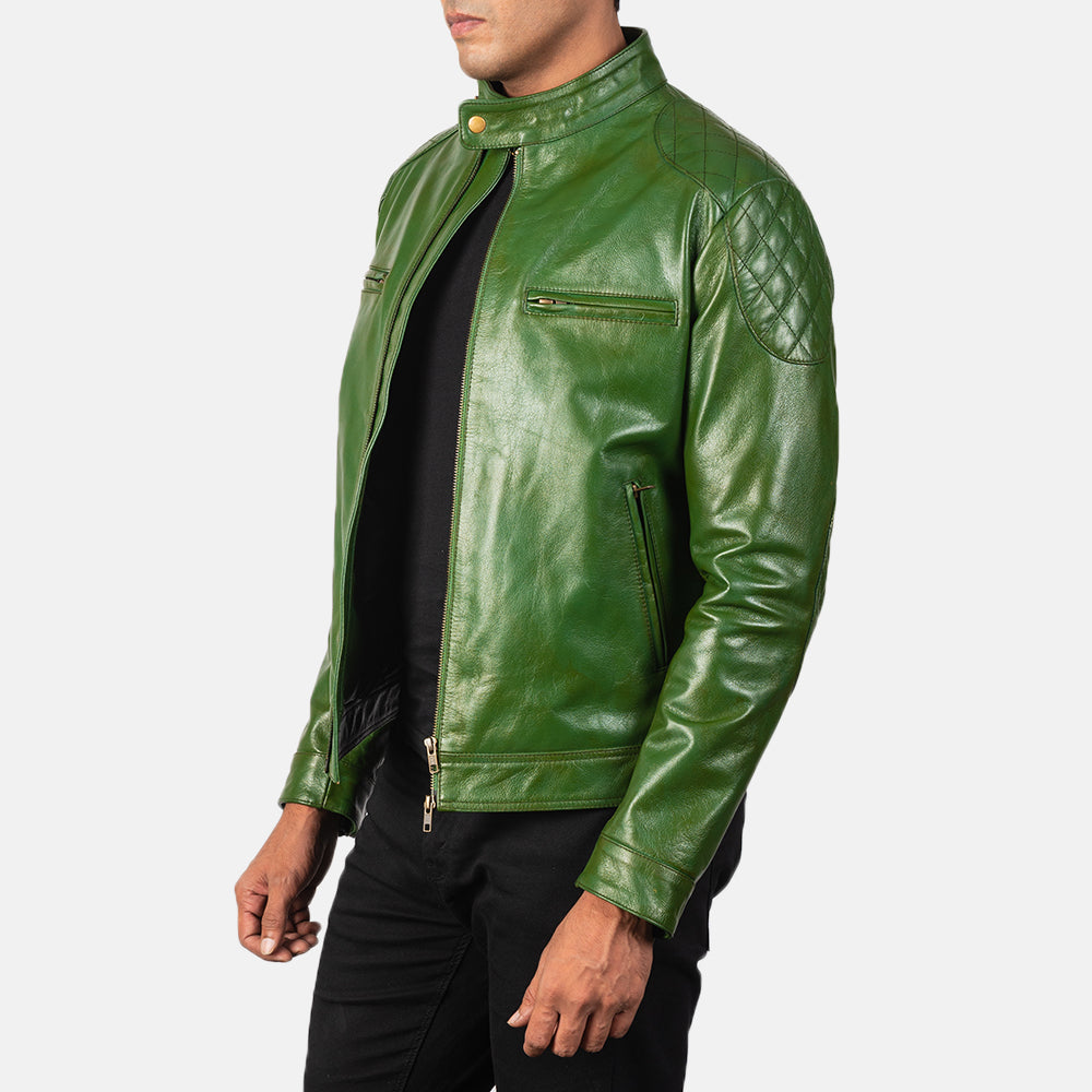 Green Sheepskin Burnishing Biker Jacket - Back View Showing Tailored Shoulder Fit &amp; Clean Hemline