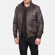 
Street Brown Leather Bomber Jacket in Brown Goatskin Leather - 正面版型与定制立体剪裁轮廓 | 官方商城选购