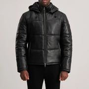 
细节特写 of High neck & Zipper Hardware on Gordon Tan Hooded Leather Puffer Jacket