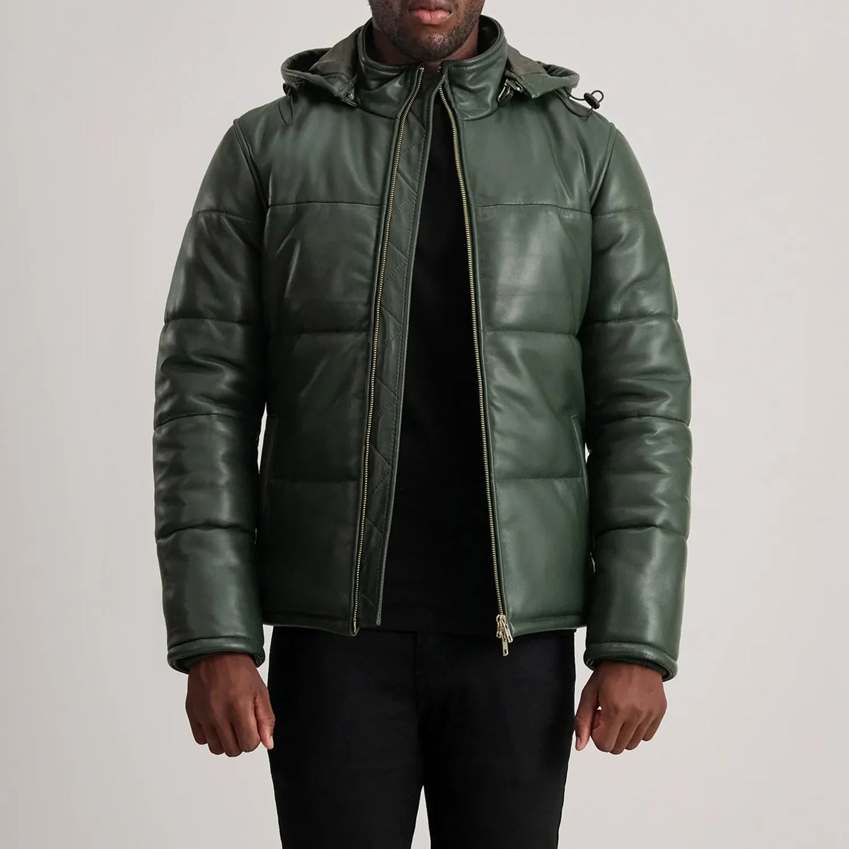 
Tailored Rib Cuffs & Hem Craftsmanship Construction Detail on Gordon Tan Hooded Leather Puffer Jacket