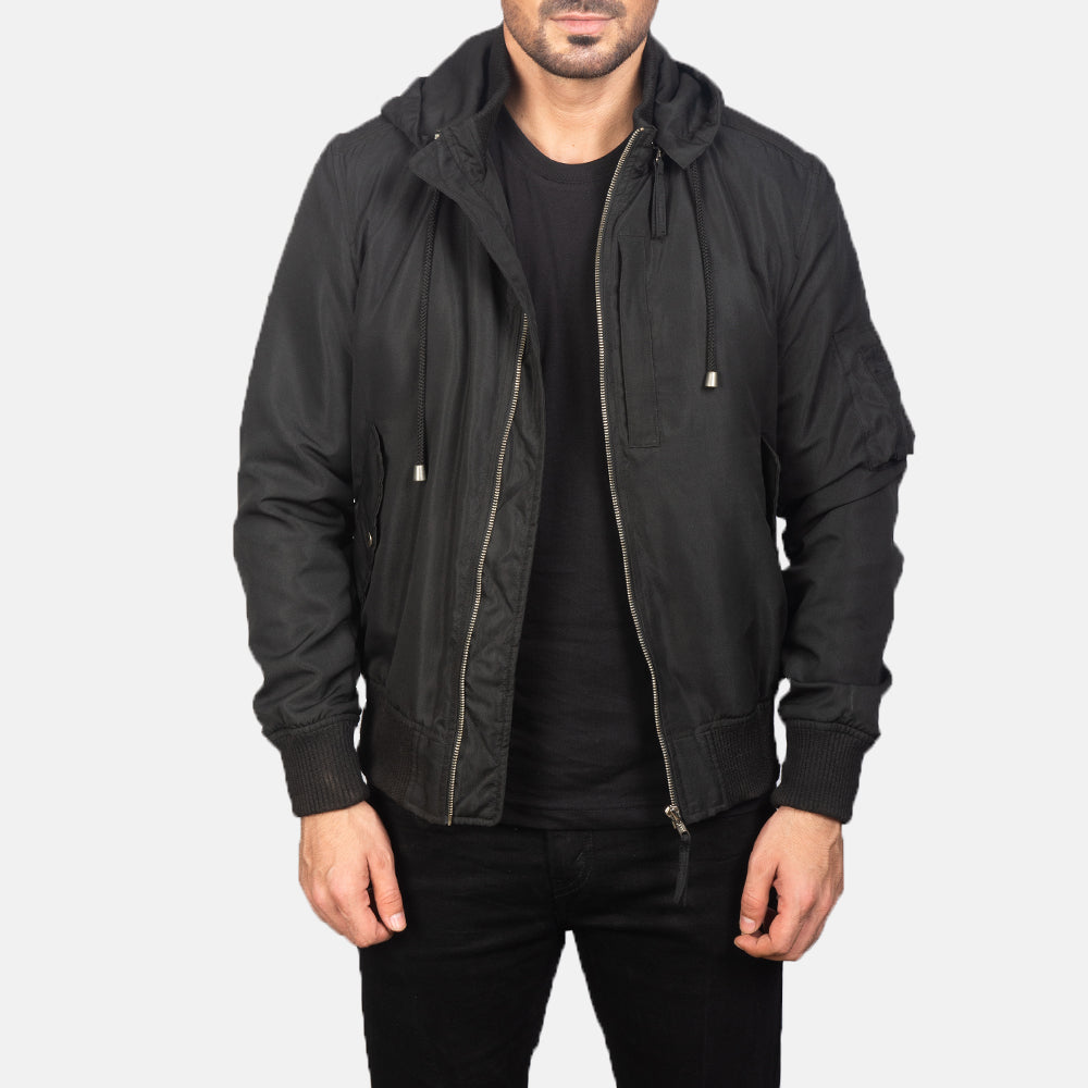 
Hanklin Ma-1 Black Hooded Bomber Jacket in Black Polyester - 正面版型与定制立体剪裁轮廓 | 官方商城选购