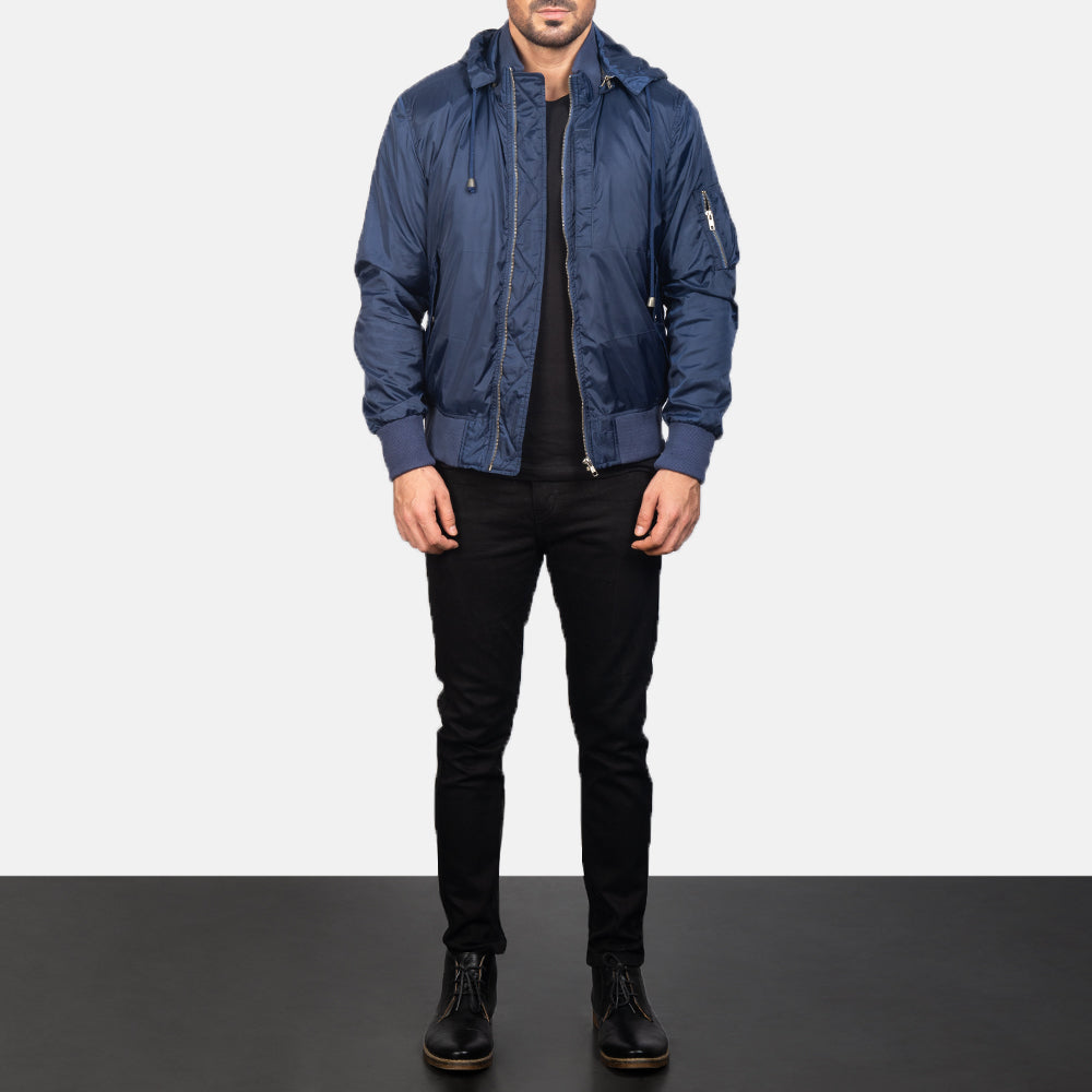 
Blue Hooded Bomber Jacket - 展现立体袖型与合身版型的侧身视角