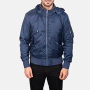 
细节特写 of Knit Rib with Removable Nylon Hood & Zipper Hardware on Blue Hooded Bomber Jacket
